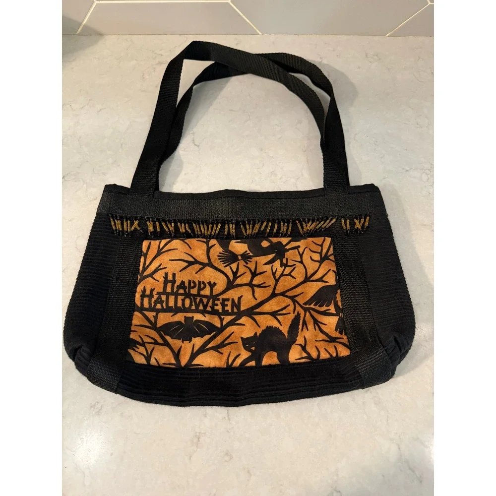 Handmade Halloween Tote Bag Black Orange Beaded Cat Bat Spooky Shoulder Bag